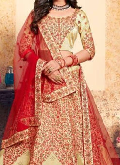 Light Yellow Satin Embroidered Umbrella Lehenga Wedding Wear