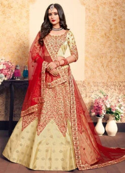 Light Yellow Satin Embroidered Umbrella Lehenga Wedding Wear -C Bazaar Shop light yellow satin embroidered umbrella lehenga ghsak43011606 u