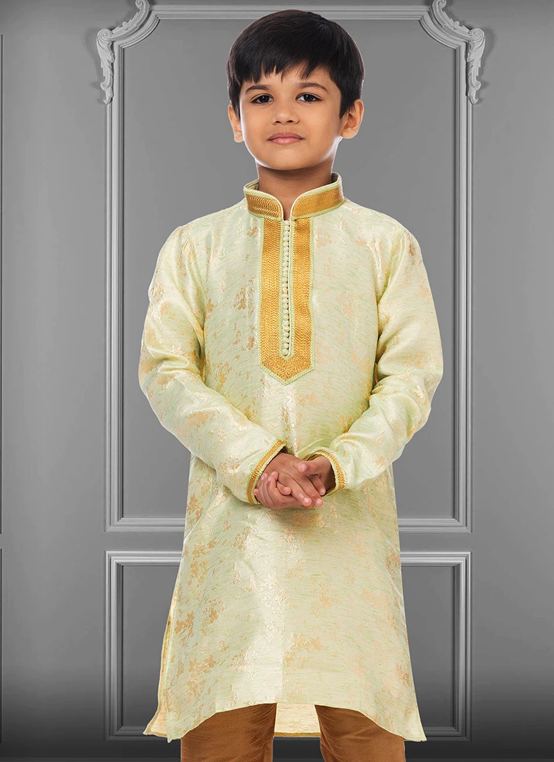Lime Green Linen Silk Boys Kurta Pyjama Party Wear 3 Lime Green Linen Silk Boys Kurta Pyjama Party Wear - Image 3