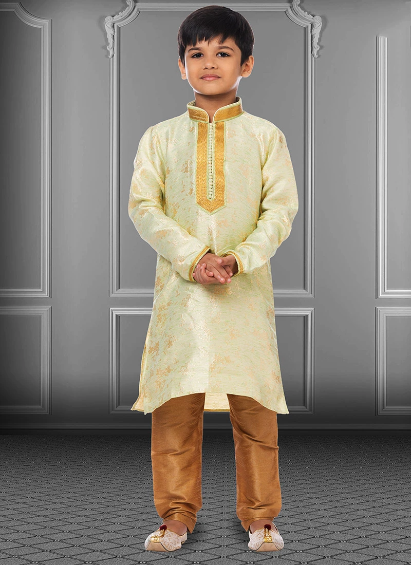 Lime Green Linen Silk Boys Kurta Pyjama Party Wear 2 Lime Green Linen Silk Boys Kurta Pyjama Party Wear - Image 2