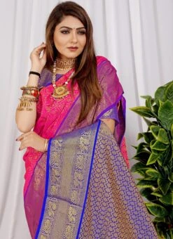 Litchi Silk Pink Color Zari Weaving Saree Festive Wear -C Bazaar Shop litchi silk pink color zari weaving saree sasom110667 b