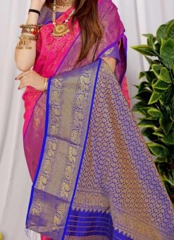 Litchi Silk Pink Color Zari Weaving Saree Festive Wear