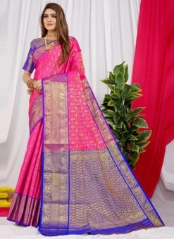 Litchi Silk Pink Color Zari Weaving Saree Festive Wear -C Bazaar Shop litchi silk pink color zari weaving saree sasom110667 u