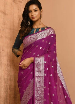 Magenta Banarasi Silk Zari Work Saree Festive Wear -C Bazaar Shop magenta banarasi silk zari work saree savns661 b