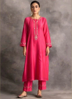 Magenta Pink Chanderi Silk Embroidered Straight Pant Suit Party Wear -C Bazaar Shop magenta pink chanderi silk embroidered straight pant suit krdvc20 u