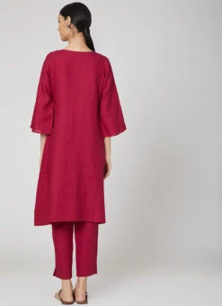 Magenta Pink Rayon Slub Kurta Straight Pant Set Work Wear -C Bazaar Shop magenta pink rayon slub kurta straight pant set krsdvcsvts20 b
