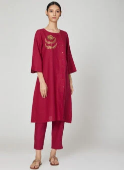 Magenta Pink Rayon Slub Kurta Straight Pant Set Work Wear -C Bazaar Shop magenta pink rayon slub kurta straight pant set krsdvcsvts20 u