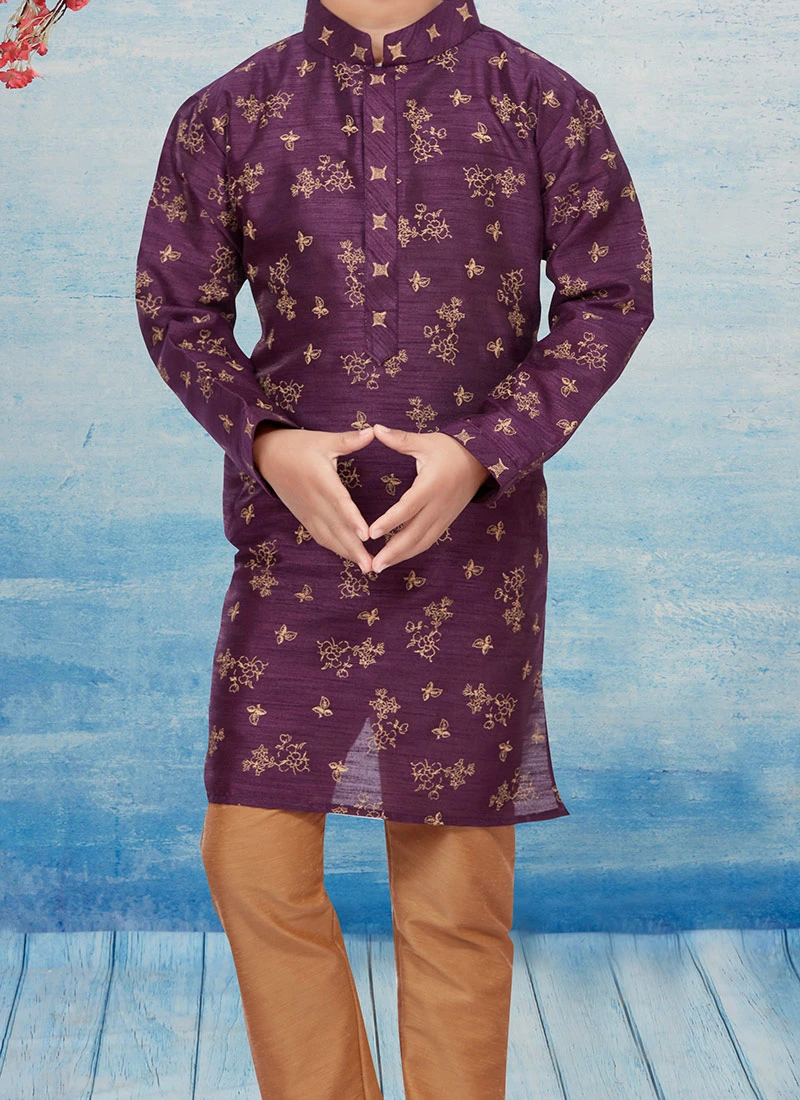 Magenta Silk Dupion Printed Kids Kurta Pyjama Party Wear 1 Magenta Silk Dupion Printed Kids Kurta Pyjama Party Wear