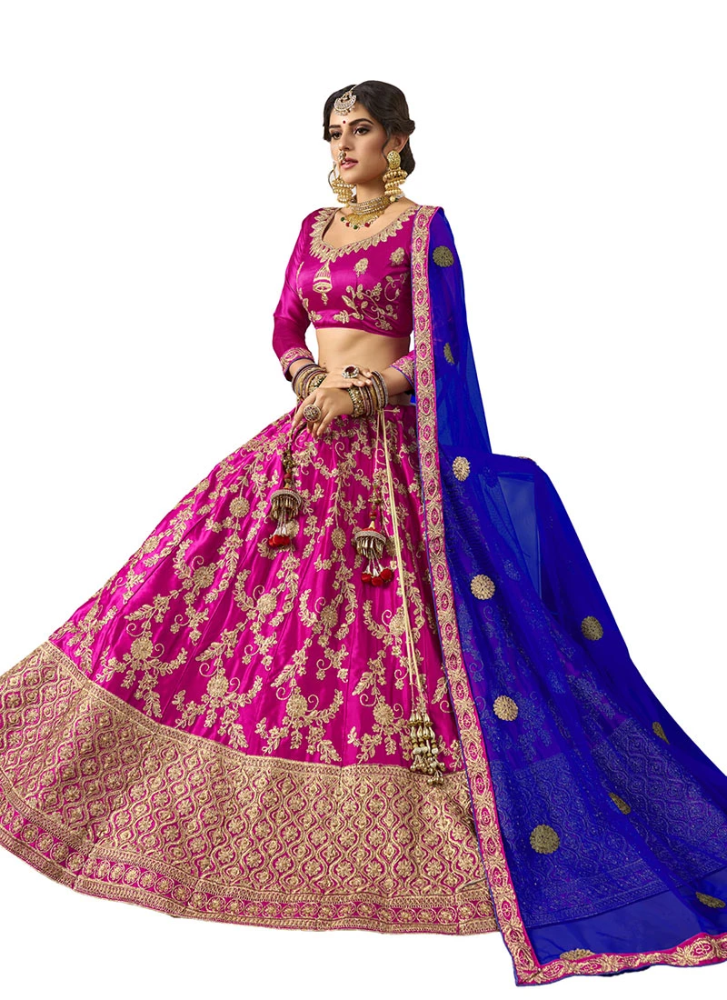 Magneta Pink Satin Silk Embroidered Umbrella Lehenga Party Wear 4 Magneta Pink Satin Silk Embroidered Umbrella Lehenga Party Wear - Image 4