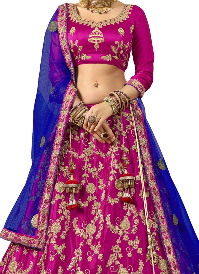 Magneta Pink Satin Silk Embroidered Umbrella Lehenga Party Wear 1 Magneta Pink Satin Silk Embroidered Umbrella Lehenga Party Wear