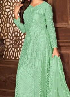 Magnificent Sea Green Embroidery Net Anarkali With Lace Border Duptta Party Wear