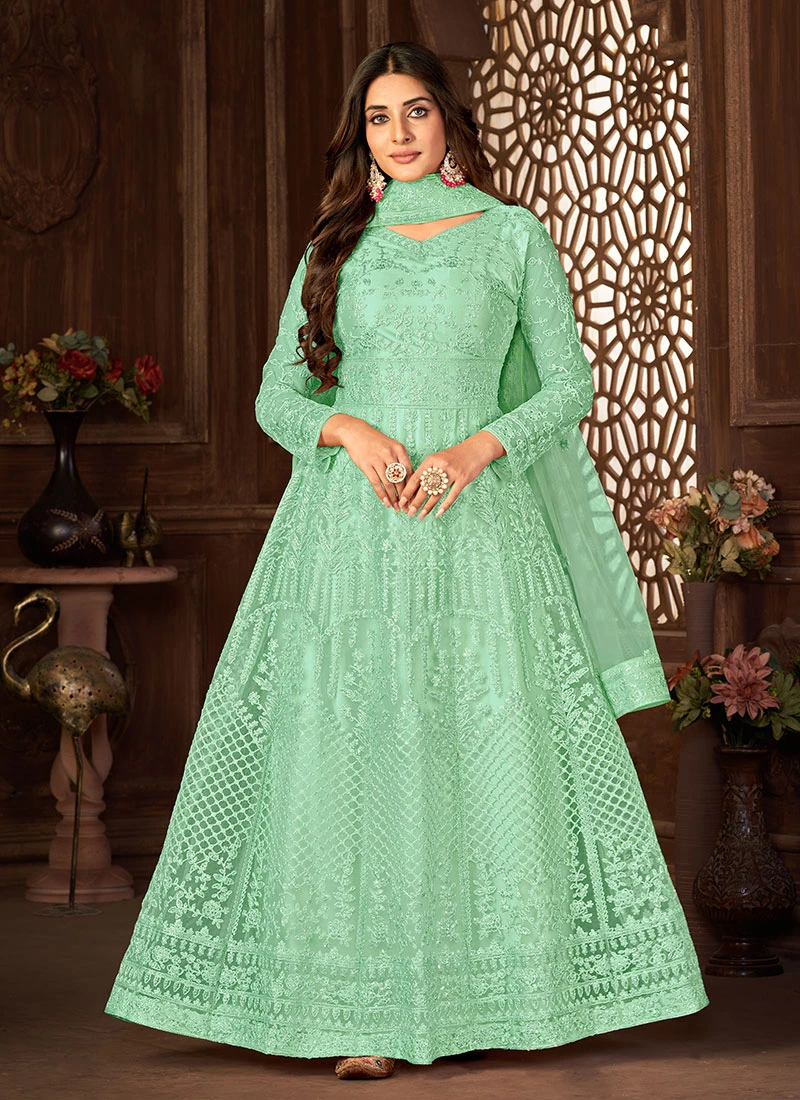 Magnificent Sea Green Embroidery Net Anarkali With Lace Border Duptta Party Wear 3 Magnificent Sea Green Embroidery Net Anarkali With Lace Border Duptta Party Wear - Image 3