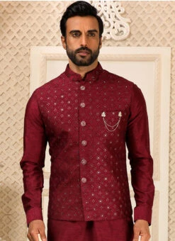 Maroon Art Silk Banarasi Bandi Set Party Wear -C Bazaar Shop maroon art silk banarasi bandi set kpmac1348 b