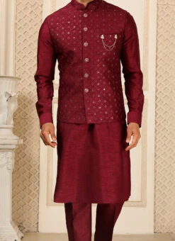 Maroon Art Silk Banarasi Bandi Set Party Wear
