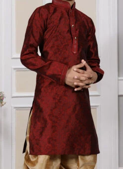 Maroon Art Silk Brocade Kurta Pyjama Party Wear