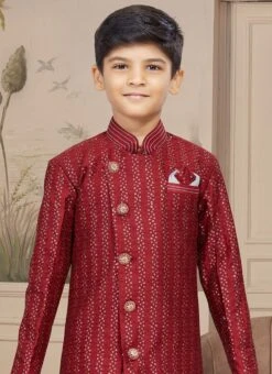 Maroon Art Silk Embroidered Indowestern Sherwani For Boys Festive Wear -C Bazaar Shop maroon art silk embroidered indowestern sherwani for boys kdbmsgr600 b