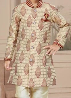 Maroon Art Silk Embroidered Sherwani For Boys Festive Wear
