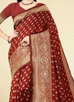 Maroon Banarasi Silk Woven Saree Festive Wear