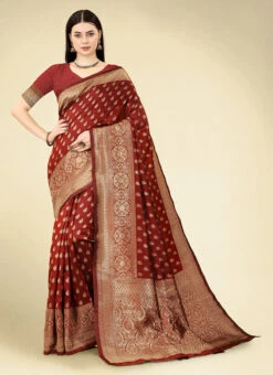 Maroon Banarasi Silk Woven Saree Festive Wear -C Bazaar Shop maroon banarasi silk woven saree sasacw5786 u