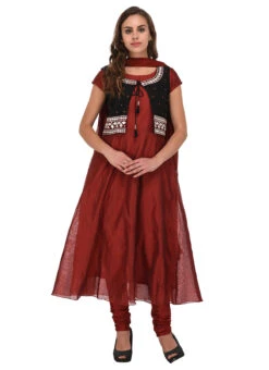 Maroon Chanderi Silk Jacket Style Anarkali Suit Party Wear -C Bazaar Shop maroon chanderi silk jacket style anarkali suit sldrrwrs399 u