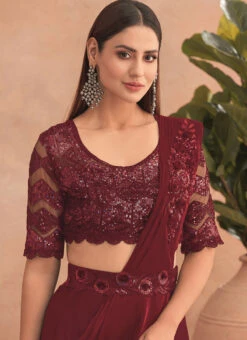 Maroon Chinon Silk Embroidered Ready Pleated Saree Party Wear -C Bazaar Shop maroon chinon silk embroidered ready pleated saree saska36307302f b