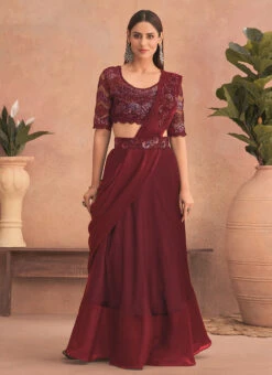 Maroon Chinon Silk Embroidered Ready Pleated Saree Party Wear -C Bazaar Shop maroon chinon silk embroidered ready pleated saree saska36307302f u