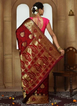 Maroon Color Zari Work Pure Silk Saree Festive Wear -C Bazaar Shop maroon color zari work pure silk saree savns139d b