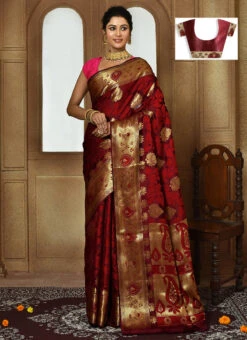Maroon Color Zari Work Pure Silk Saree Festive Wear -C Bazaar Shop maroon color zari work pure silk saree savns139d u
