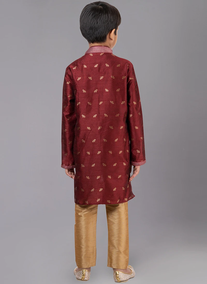 Maroon Dupion Silk Jacquard Kurta Pyjama Festive Wear 3 Maroon Dupion Silk Jacquard Kurta Pyjama Festive Wear - Image 3