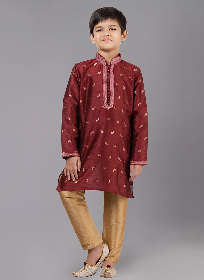 Maroon Dupion Silk Jacquard Kurta Pyjama Festive Wear 2 Maroon Dupion Silk Jacquard Kurta Pyjama Festive Wear - Image 2