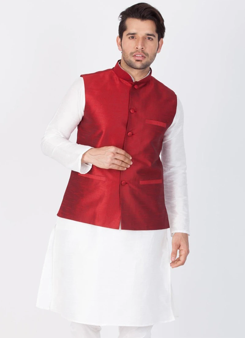 Maroon Dupion Silk Nehru Jacket 2 Maroon Dupion Silk Nehru Jacket - Image 2
