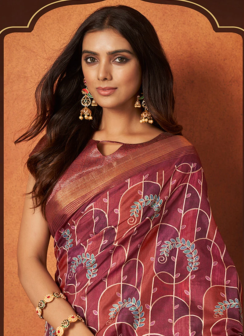 Maroon Faux Crepe Printed Saree Festive Wear 4 Maroon Faux Crepe Printed Saree Festive Wear - Image 4
