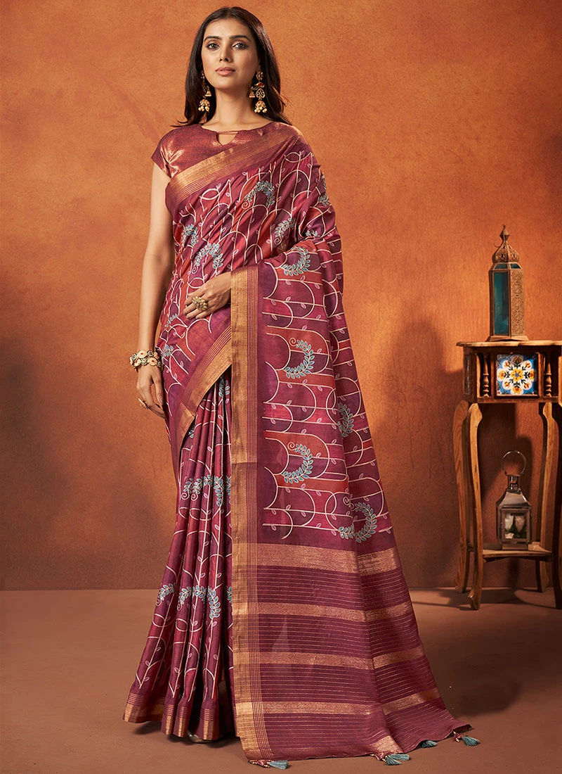 Maroon Faux Crepe Printed Saree Festive Wear 3 Maroon Faux Crepe Printed Saree Festive Wear - Image 3