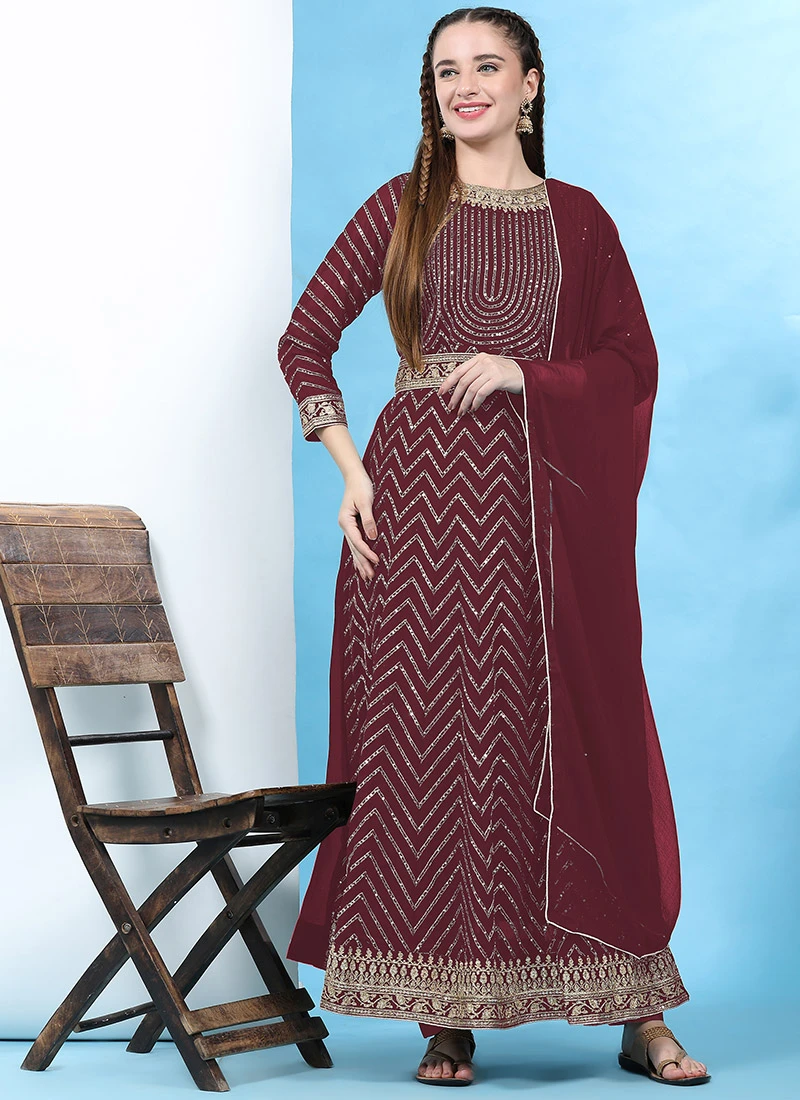 Maroon Faux Georgette Embroidered Anarkali Suit Party Wear 3 Maroon Faux Georgette Embroidered Anarkali Suit Party Wear - Image 3