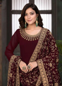 Maroon Georgette Embroidered N Stones Anarkali Suit Party Wear -C Bazaar Shop maroon georgette embroidered n stones anarkali suit slsak26702504 b