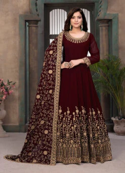 Maroon Georgette Embroidered N Stones Anarkali Suit Party Wear -C Bazaar Shop maroon georgette embroidered n stones anarkali suit slsak26702504 u
