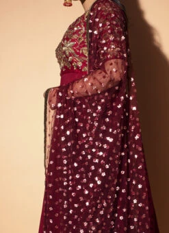 Maroon Georgette N Raw Silk Sequins Anarkali Suit Party Wear