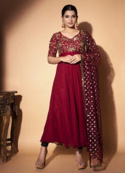 Maroon Georgette N Raw Silk Sequins Anarkali Suit Party Wear -C Bazaar Shop maroon georgette n raw silk sequins anarkali suit sldrnrkb0006 u