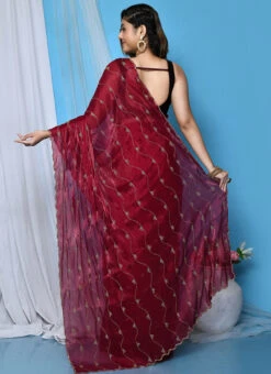 Maroon Hand Embroidery Stone Work Zimmy Chiffon Saree Festive Wear -C Bazaar Shop maroon hand embroidery stone work zimmy chiffon saree sadsf7019 b