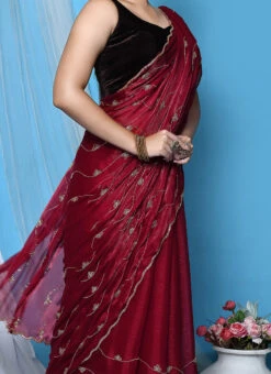 Maroon Hand Embroidery Stone Work Zimmy Chiffon Saree Festive Wear