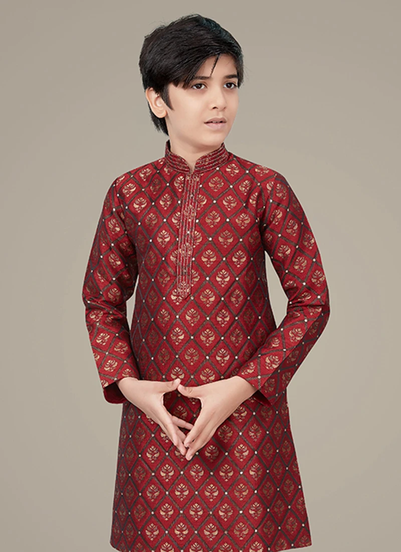 Maroon Jacquard Boys Kurta Pyjama 3 Maroon Jacquard Boys Kurta Pyjama - Image 3
