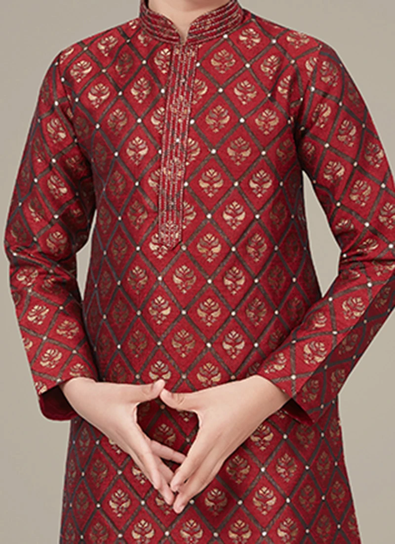 Maroon Jacquard Boys Kurta Pyjama 1 Maroon Jacquard Boys Kurta Pyjama