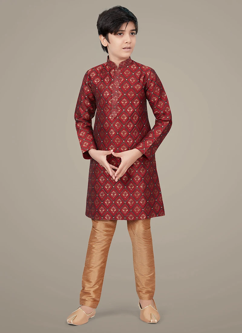 Maroon Jacquard Boys Kurta Pyjama 2 Maroon Jacquard Boys Kurta Pyjama - Image 2