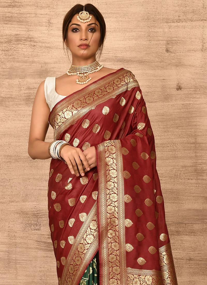 Maroon N Dark Green Banarasi Katan Silk Zari Weaving Half N Half Saree Festive Wear 4 Maroon N Dark Green Banarasi Katan Silk Zari Weaving Half N Half Saree Festive Wear - Image 4