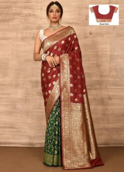 Maroon N Dark Green Banarasi Katan Silk Zari Weaving Half N Half Saree Festive Wear 6 Maroon N Dark Green Banarasi Katan Silk Zari Weaving Half N Half Saree Festive Wear -C Bazaar Shop maroon n dark green benarasi katan zari weaving half n half saree savns670n u