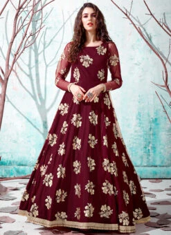 Maroon Net Anarkali Gown Party Wear -C Bazaar Shop maroon net anarkali gown bgwrsom4535 u