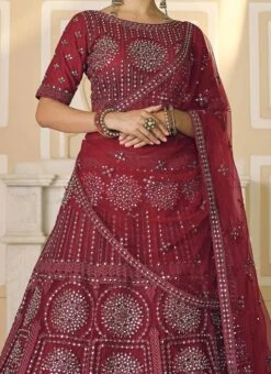 Maroon Net Embroidered Designer Lehenga Skirt Choli Festive Wear