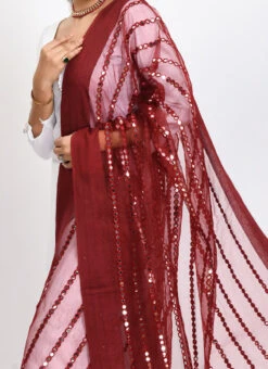 Maroon Organza Cotton Mirror Embroidery Dupatta Work Wear