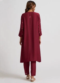 Maroon Pure Chanderi Silk Embroidered Kurta Semi Palazzo Set Party Wear -C Bazaar Shop maroon pure chanderi silk embroidered kurta semi palazzo set krsdvcsvks46 b