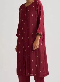 Maroon Pure Chanderi Silk Embroidered Kurta Semi Palazzo Set Party Wear